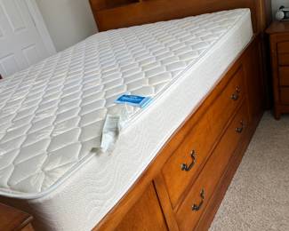 Queen size pedestal bed with storage drawers sits high off floor