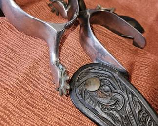 Vintage handmade Roy Robinson steel spurs & straps