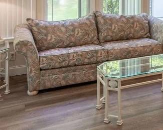 Sunroom furniture, sofa and loveseat with seashell design. Iron and glass coffee table and side table with sea shell motif and Florida Keys Coral Lamp.