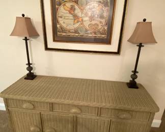 Wicker Buffet, pair of lamps and Map art.