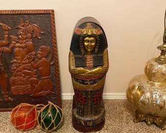 Mayan Wood Carving wall piece. nautical glass balls,  Design Toscano King Tutankhamen's Egyptian Mummy Sarcophagus Coffin DVD Storage, CD Cabinet, Gold Leaf, and a beautiful vintage glass  large lamp.