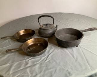 Cast Iron Skillets & Tea Kettle

