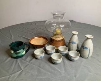 Glazed Pottery Hurricane Lamp, Saki Set
