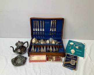 Silverplated Flatware, Candy Dish, Teapot, More