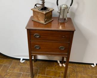  Antique Sewing Table, Coffee Mill, Conger Lantern
