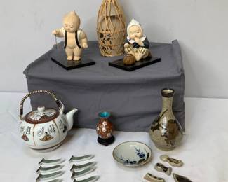  Japanese Tea Pot, Chopstick Holders, & Ceramic Children Figurines
