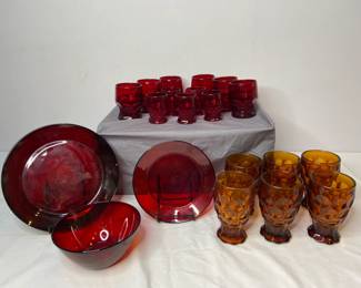  Vintage Anchor Hocking Ruby Red Georgian Glass Cups & Plates