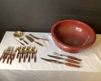 Pottery Bowl, MCM Teak and Brass Flatware