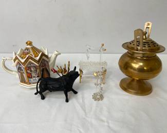 King Henry The 8th Teapot, Vintage Brass Hot Pot, Glass Decorations, & Spanish Bull With Cocktail Swords
