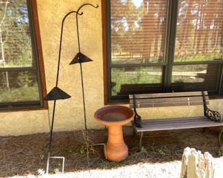 Outdoor Bench, Shepard's Hooks, Birdbath

