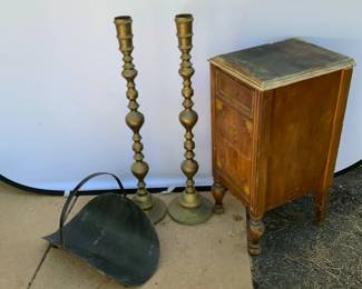 Antique Cabinet, Candlesticks, Firewood Holder