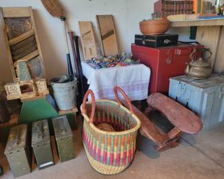 Vintage Cabbage Slicer, WWII Ammunition Boxes.