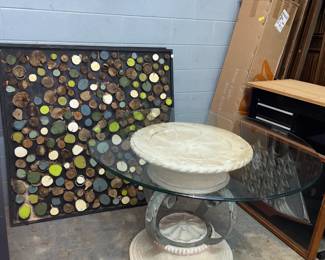 Wood block Artwork and Round Glass top Table Orlando