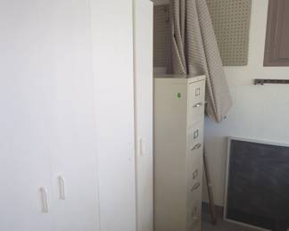 2 white cabinets, tall file cabinet