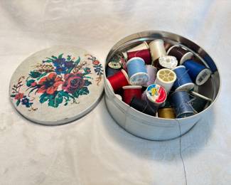 sewing supplies, tin