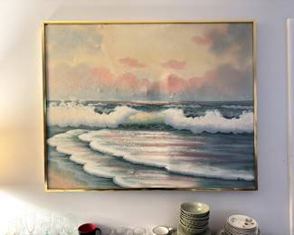 Large painting, ocean waves, beach