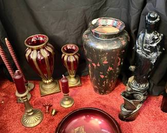 126 Brass And Blood Red Vases  Lacquer Bowl 