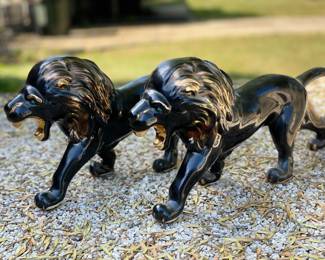 130 Ceramic Lion Black Gold Accents Green Eyes 