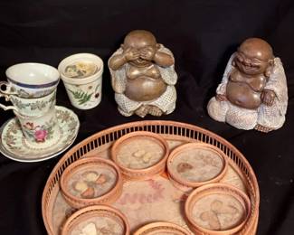 137 Whimsical Buddha Set  Vtg Butterfly Bamboo Tray 