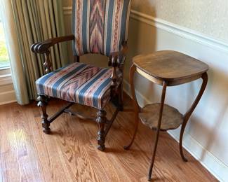 Jacobean arm chair, small tiger oak table