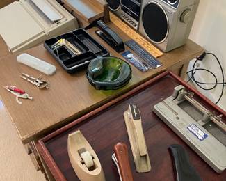 Mid century swing line staplers and tools, micrometer 