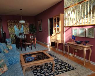 Ethan Coffee table, Console Table, Secretary, Dining Room set-China cabinet, Table, 8 Chairs, leaves, Side Board, Oriental carpet, 