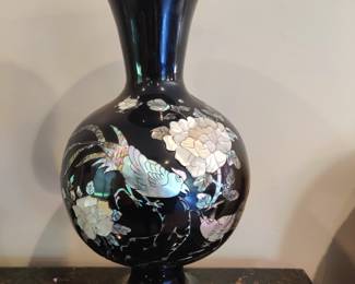Large, Impressive Asian vase with Black Enamel over Brass and heavy Mother of Pearl design