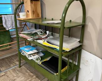 green wooden shelving unit