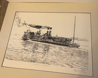 Signed boat ink drawing, 1983