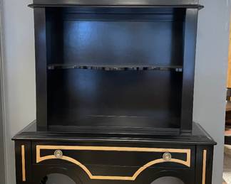 Ebony Two-Piece Buffet / Display Cabinet In Ebony Finish with Gilt Trim. Measures 48" W x 18" D x 86" H.