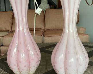 Pair of Vintage Pale Pink Murano Table Lamps with Brass Bases.