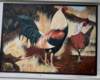 Folk Art Roosters, Oil on Board.