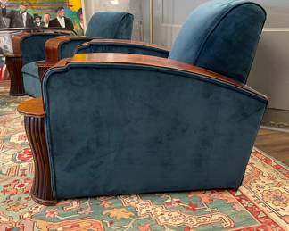 Vintage English Art Deco Lounge Chair Upholstered in Blue Velvet - 2 Available. These Would Be Amazing For Home Theater Seating. Each Measures 40" W x 38" D. Photo 2 of 2.