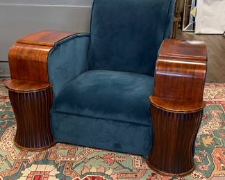Vintage English Art Deco Lounge Chair Upholstered in Blue Velvet - 2 Available. These Would Be Amazing For Home Theater Seating. Each Measures 40" W x 38" D. Photo 1 of 2.