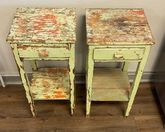 Pair of Shabby-Chic Style Apple Green Side Tables Each With Shelf & Drawer. Each Measures 15" W x 14" D x 30" H. Photo 2 of 2.