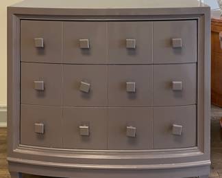 Three-Drawer Chest of Drawers With Glass Top In Custom Grey / Pale Aubergene Blend Finish. Measures 36" W x 20" D x 33.5" H.