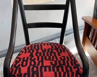 Holly Hunt Mahogany Swing Chair Upholstered in Maharam "Letters" Fabric in Scarlet by 1950s Designer Gunnar Anderson. Measures 25.5" W x 30.5" D x 40" H. Photo 1 of 3.