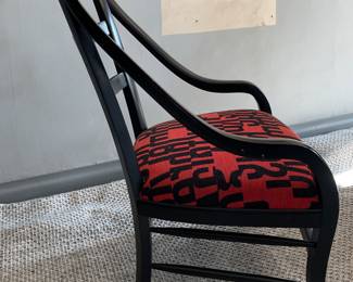 Holly Hunt Mahogany Swing Chair Upholstered in Maharam "Letters" Fabric in Scarlet by 1950s Designer Gunnar Anderson. Measures 25.5" W x 30.5" D x 40" H. Photo 2 of 3.
