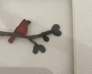 Framed Felt Cardinal on Twig Shadow Box. Reproduction Signed by Artist, Sharon Nowlan.