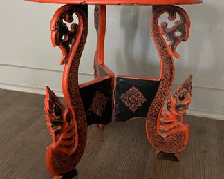 Vintage Orange Lacquer Asian Plant Stand. Measures 15" D X 16" H. Photo 2 of 3.
