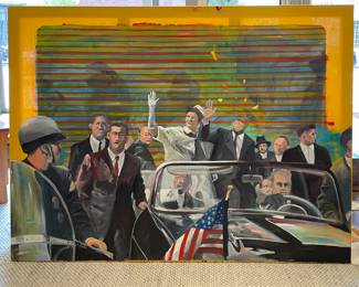 Original David Gista John F. Kennedy Assignation Oil Painting on Fabric. Measures 79" W x 59" H.
