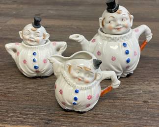Miniature Porcelain Clown Tea Set, German, Marked 8382 Two Cups & Saucers. Photo 1 of 3.