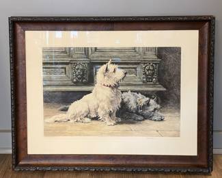 "Antique Footsteps" English Lithograph of Terriers Herbert Dicksee Printed by Frost Reed LTD. Measures 26.5 x 19.5".