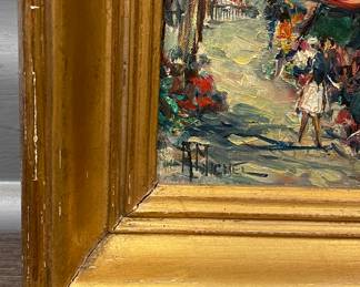 Vintage Paris Flower Market Oil Painting by Andre Michel 1945. Measures 7" x 9." Photo 2 of 2.