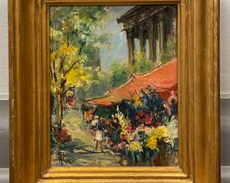 Vintage Paris Flower Market Oil Painting by Andre Michel 1945. Measures 7" x 9." Photo 1 of 2.