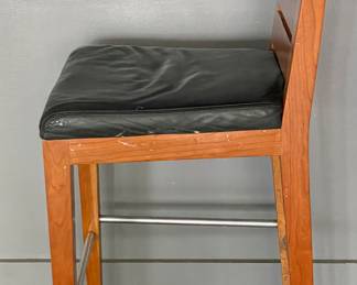 Set of 2 School House Slat-Back Cherry Counter Stools Upholstered In Hunter Green Leather. Each Measures 18.5" W x 20" D with 26" Seat Height. Photo 2 of 4.