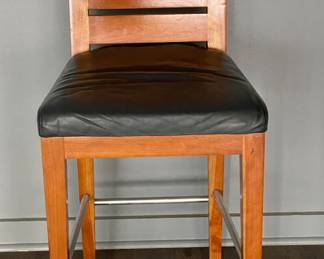 Set of 2 School House Slat-Back Cherry Counter Stools Upholstered In Hunter Green Leather. Each Measures 18.5" W x 20" D with 26" Seat Height. Photo 1 of 4.