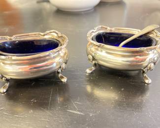 Sterling Silver Salt Cellars with Cobalt Blue Liners.