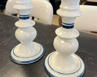 Pair of Porcelain Candlesticks with Blue Trim.