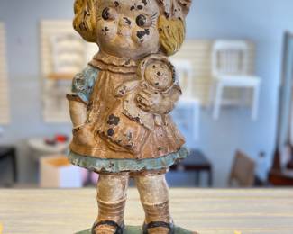 Vintage Doll Holding Doll Cast Iron Doorstop.